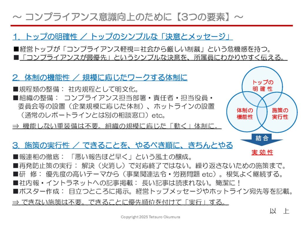 〜 コンプライアンス 〜 先般、「コンプライアンス」をテーマに議論する機会があり、前職でコンプライアンス事務局を担当していたときの経験や気づきをふまえて意見出しをさせて頂きました。 企業や組織でのコンプライアンス意識の向上に必要な要素について、整理してみました。 【3つの要素】 ■1. トップの明確性 ／ トップのシンプルな「決意とメッセージ」 ■2. 体制の機能性 ／ 規模に応じたワークする体制に ■3. 施策の実行性 ／ できることを、やるべき順に、きちんとやる トップが決意をわかりやすく伝え、組織の規模に応じた機能する体制を整備し、優先順位を付けてできることをきちんとやる。 コンプライアンスに限らず、企業の経営・組織の運営にとっての基本要素なんだと感じます。 課題や問題に向き合ったとき、どうしても難しく考えがちですが、その先には意外と「シンプル」な解が待っている、そう実感しました。 「シンプル」な思考、心がけていきたいと思います。