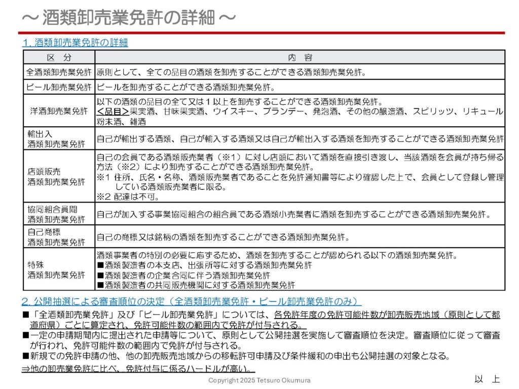 〜 酒類販売業免許について(その3)〜
酒類販売業免許のうち、「酒類卸売業免許」の内容について、資料にまとめましたので、ぜひご覧ください。
「酒類卸売業免許」は8種類に区分されています。そのうち「全酒類卸売業免許」及び「ビール卸売業免許」については、卸売販売地域(原則として都道府県)ごとに各免許年度の免許可能件数が算定され、申請数が免許可能件数を超えた場合は公開抽選によって審査順位が決定されます。
免許可能件数が限定されるため、他の卸売業免許より免許付与に係るハードルが高いものとなります。