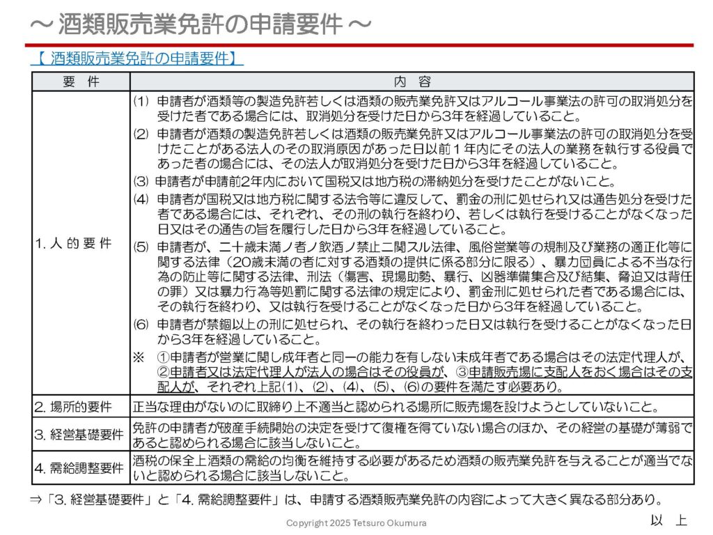〜 酒類販売業免許について（その4）〜

酒類小売業免許においても酒類卸売業免許においても、申請に際しては、
■1. 人的要件
■2. 場所的要件
■3. 経営基礎要件
■4. 需給調整要件
の4つの要件を満たしている必要があります。この4つの要件の概要についてまとめた資料を添付しますので、ぜひご覧ください。

4つの要件のうち、「3. 経営基礎要件」と「4. 需給調整要件」については、申請する酒類販売業免許の内容によって大きく異なる部分がありますので、この点については別の回にてご説明いたします。