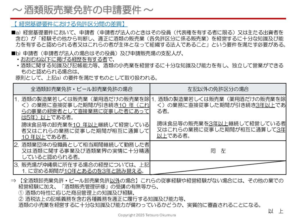 〜 酒類販売業免許について(その5)〜
酒類販売業免許申請における4つの要件のうち、「経営基礎要件」においては、「全酒類卸売業免許」「ビール卸売業免許」と、それ以外の免許区分との間に大きな差異があります。この点の概要についてまとめた資料を添付しますので、ぜひご覧ください。
「全酒類卸売業免許」及び「ビール卸売業免許」は、他の免許区分に比べ経営基礎要件が厳しく設定されています。