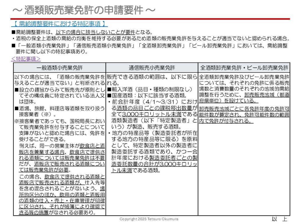 〜 酒類販売業免許について(その6)〜
酒類販売業免許申請における4つの要件のうち、「需給調整要件」については、「一般酒類小売業免許」「通信販売酒類小売業免許」「全酒類卸売業免許」「ビール卸売業免許」のそれぞれに特記事項が定められています。
「通信販売酒類小売業免許」「全酒類卸売業免許」「ビール卸売業免許」における特記事項は以前ご説明した内容と重複しますが、特記事項の概要についてまとめた資料を添付しますので、ぜひご覧ください。