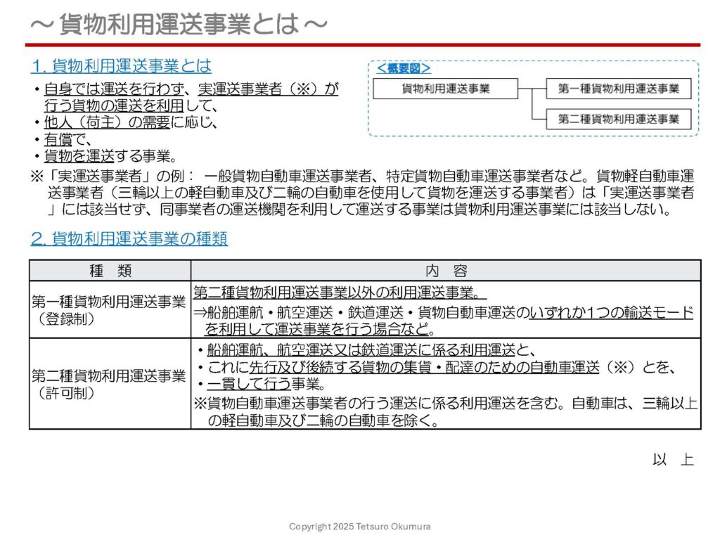 〜 貨物利用運送事業とは 〜 昨日の投稿におきまして、貨物自動車運送事業の概要をご紹介しましたが、自ら運送を行わない場合でも、一旦荷主から貨物の配送を請け負い、実際の運送を他の事業者に委託するケースでは、貨物利用運送事業に該当し、行政（国土交通省）への手続が必要になる場合があります。 貨物利用運送事業は、貨物利用運送事業法において、 ・第一種貨物利用運送事業（登録制） ・第二種貨物利用運送事業（許可制） に区分され、事業形態に応じて所定の手続を行う必要があります。 貨物利用運送事業の種類と概要について、1枚のシートにまとめましたので、昨日ご紹介した貨物自動車運送事業に関するシートと併せて、ぜひご活用ください。